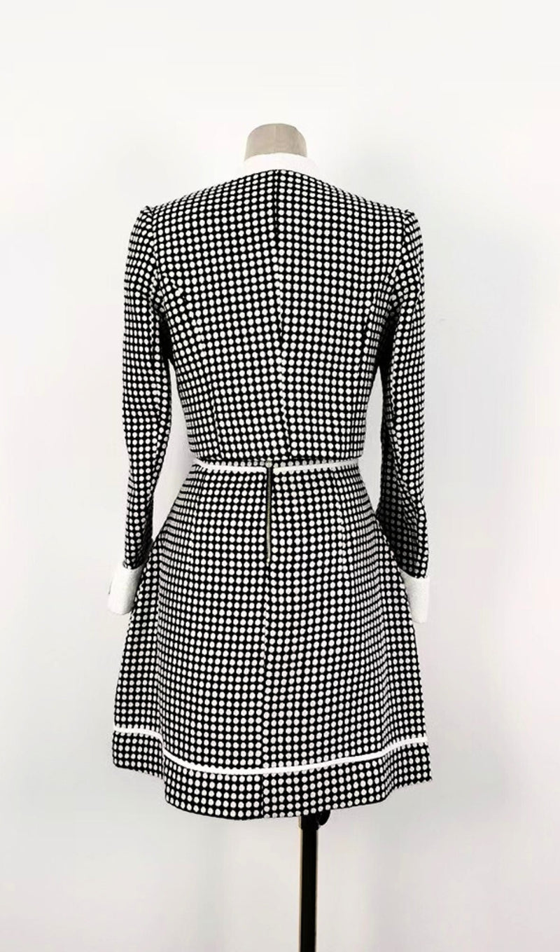 PLAID ROUND NECK LONG SLEEVE BOWKNOT TOPS HIGH WAIST A LINE SKIRTS