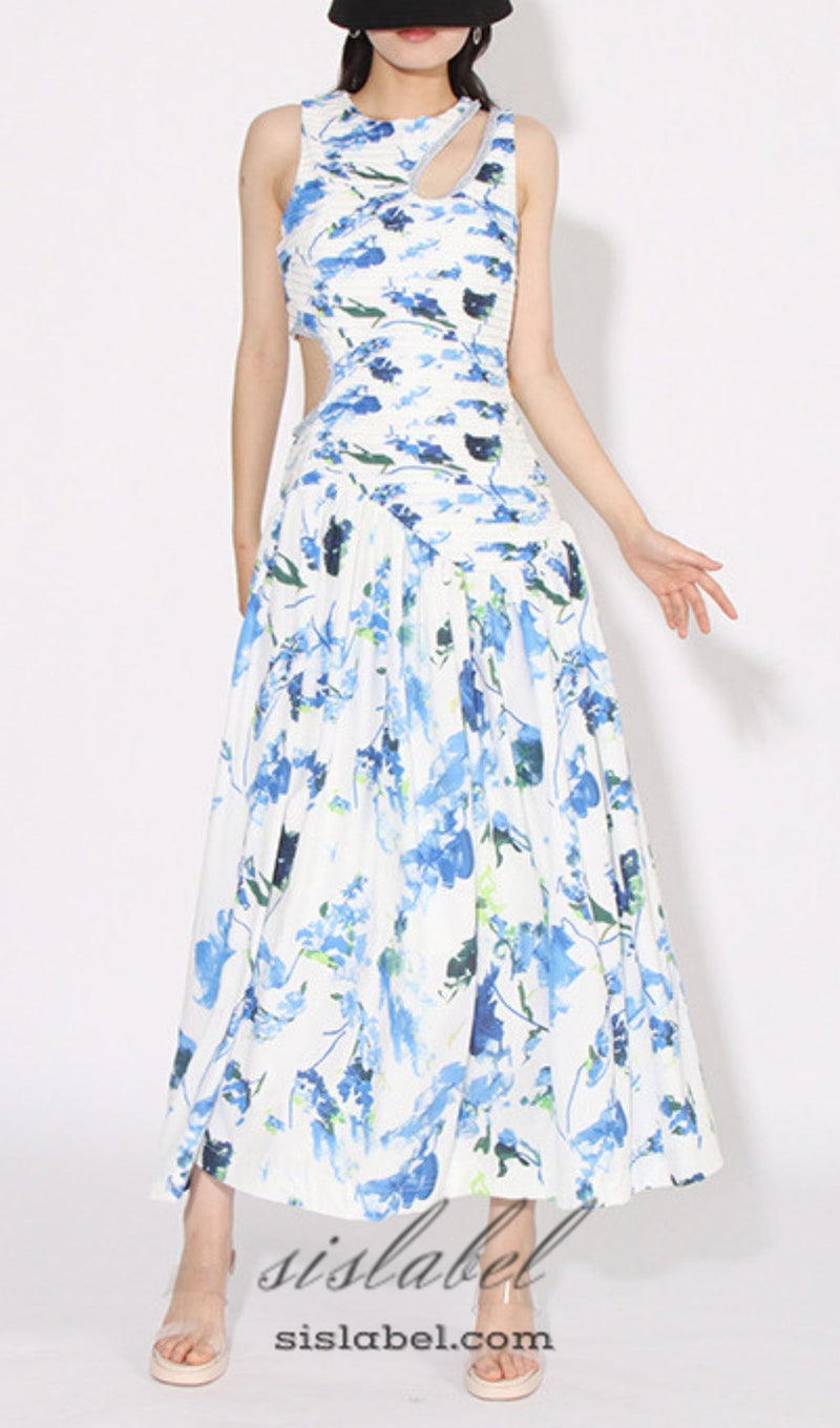 FLORAL CUTOUT MIDI DRESS IN BLUE