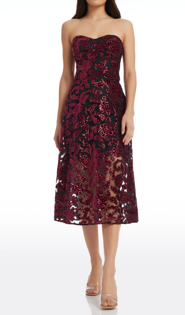 floral print strapless bustier midi dress in burgundy