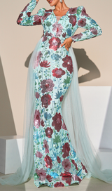 Long Sleeve Floral print Sequin maxi Dress in green