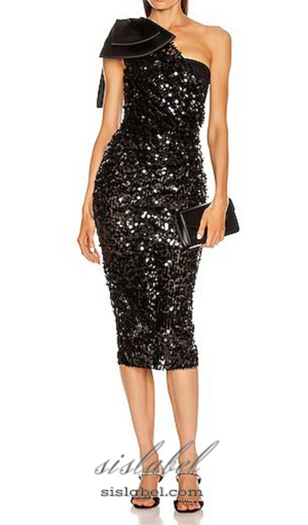 MARY BLACK SEQUINED LONGUETTE DRESS WITH BOW