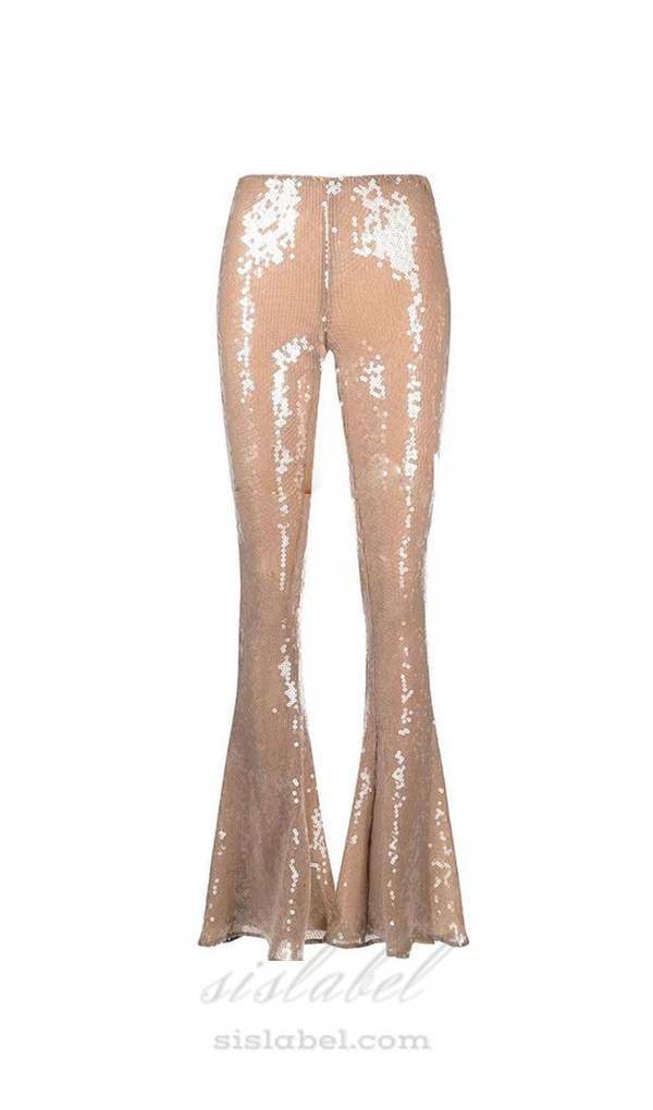 BEATRICE SEQUIN FLARED TROUSERS IN BEIGE