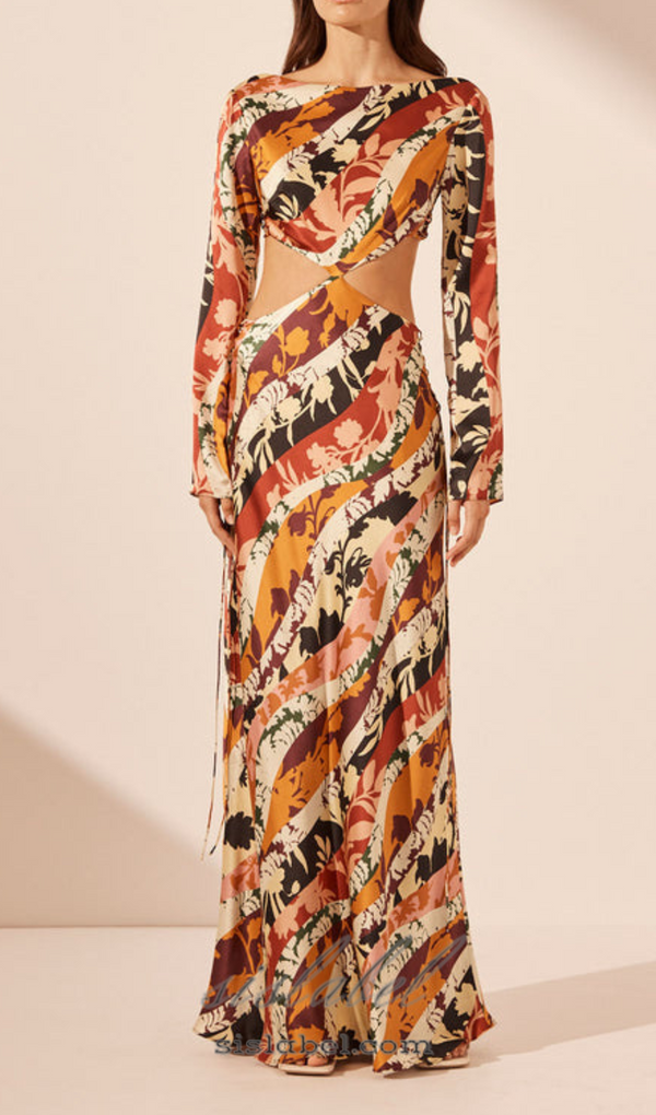 CATHERINE PRINTED CUT-OUT MAXI DRESS IN ORANGE