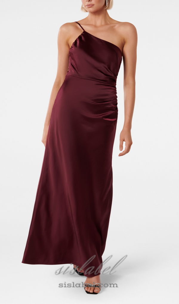 bordeaux one shoulder satin maxi dress