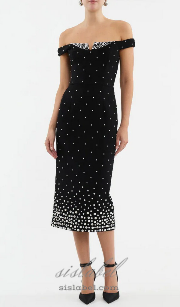 pearl polka dots embellished midi dress in black