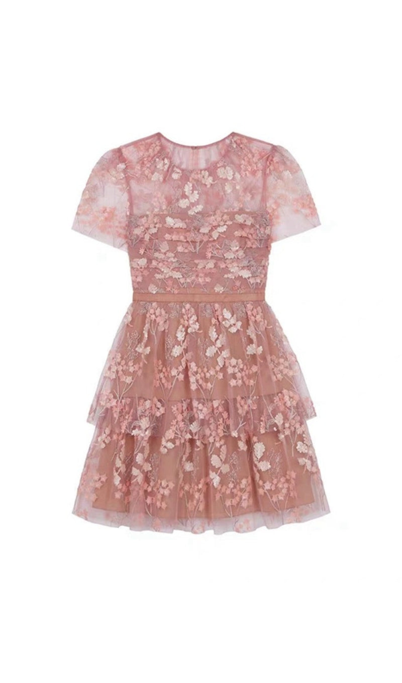 FLOWER MESH TIERED MINI DRESS