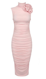 RUCHED APPLIQUÉD MIDI DRESS IN LIGHT PEACH