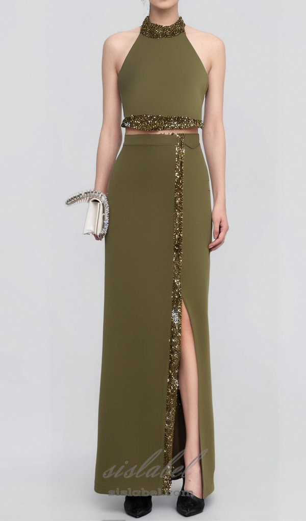 beaded diamond halter top slit skirt suit in green