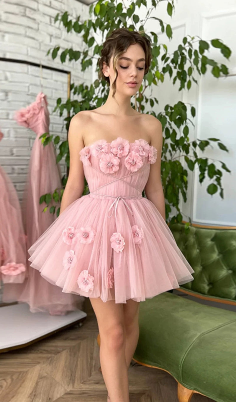 FLOWER-APPLIQUÉ STRAPLESS MINI DRESS IN PINK