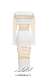 DORIS LONG SLEEVES MESH INSERT MIDI DRESS IN WHITE