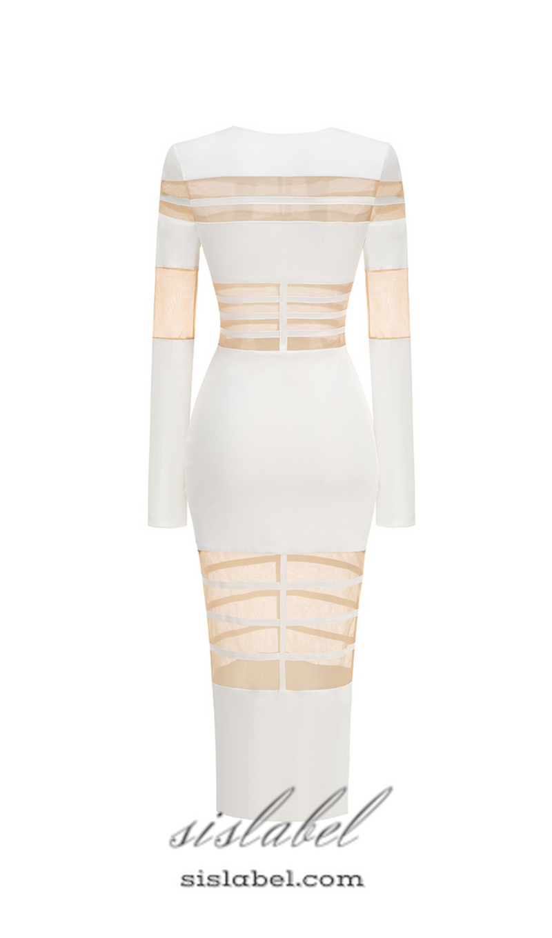 DORIS LONG SLEEVES MESH INSERT MIDI DRESS IN WHITE