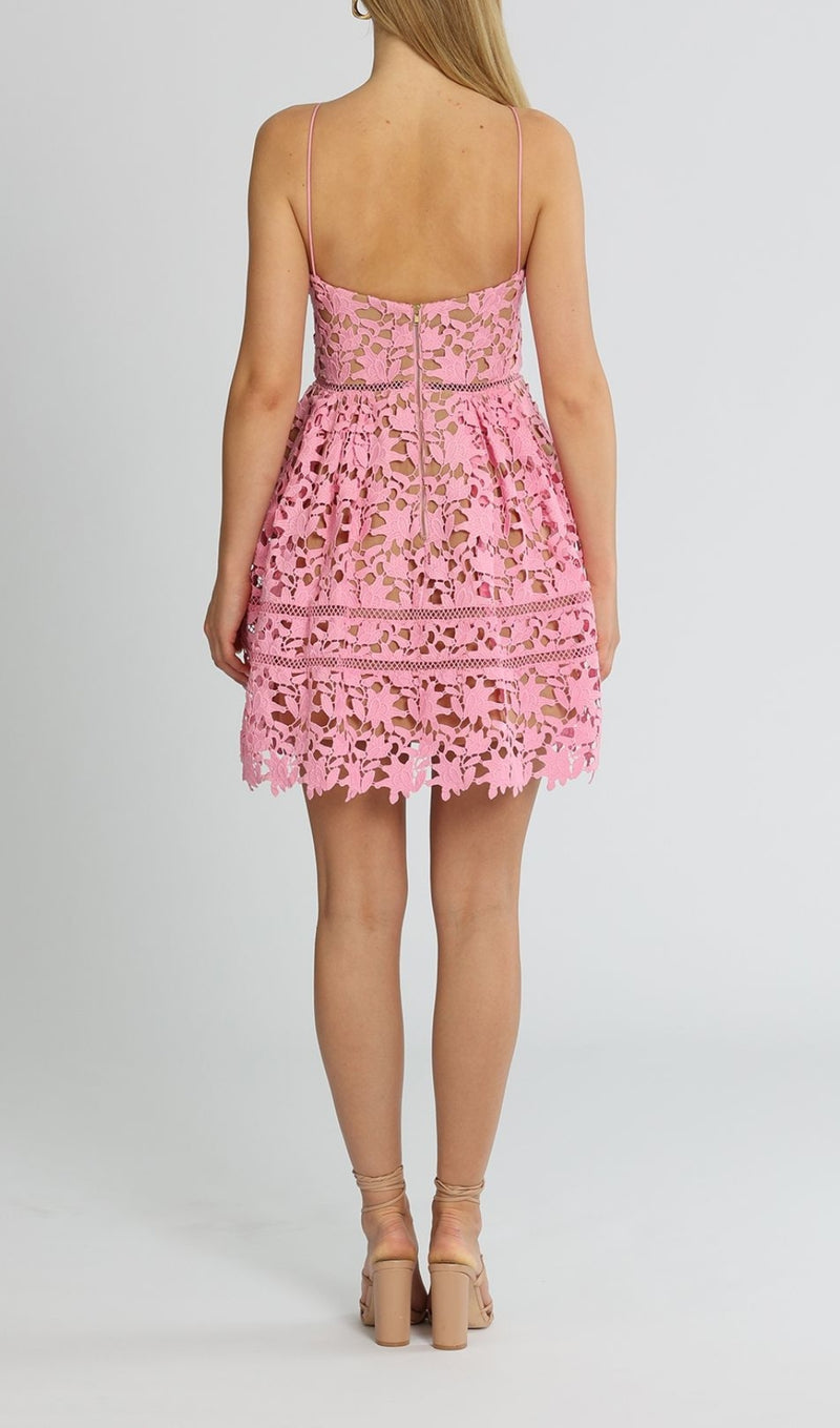 FLORAL SPAGHETTI STRAP GUIPURE LACE MINI DRESS IN PINK