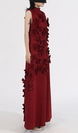 ANNONA RED FLOWER EMBELLISHED MAXI DRESS