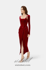 Bordeaux Velvet Draped midi Dress