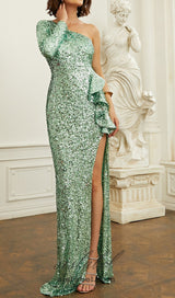 CHLOE GREEN ONE SHOULDER SEQUIN MAXI DRESS