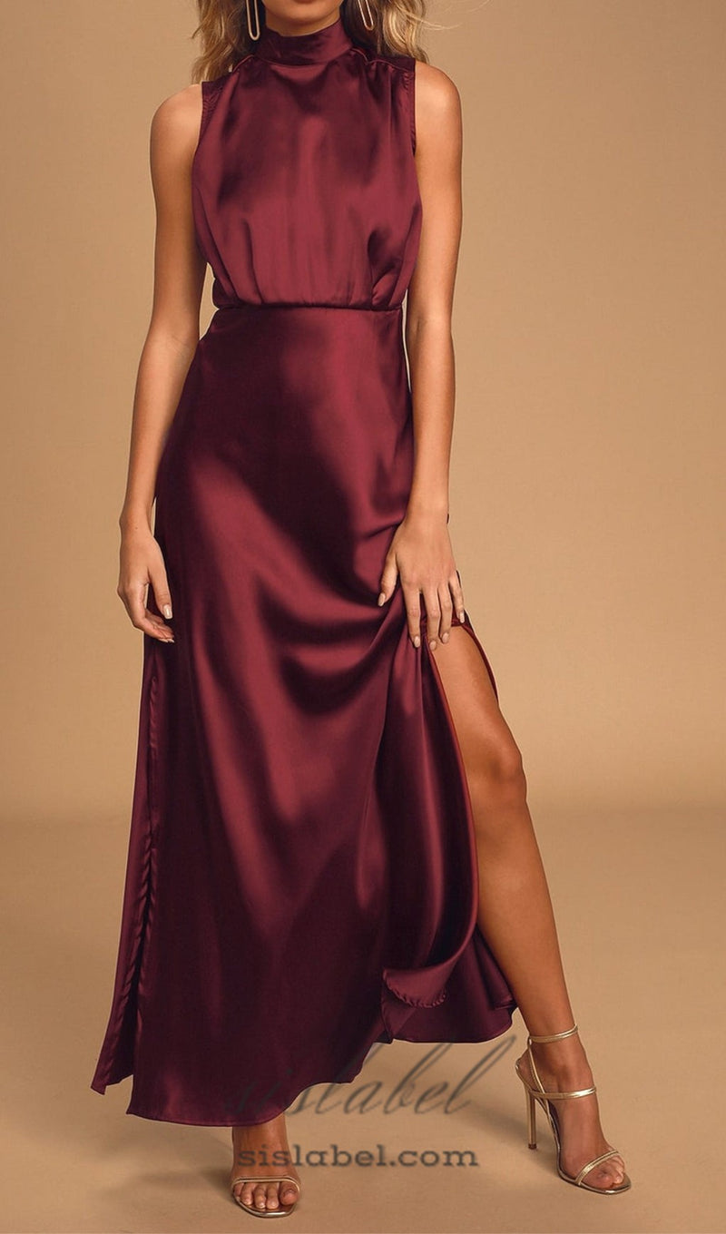 Wine Satin Maxi Dress