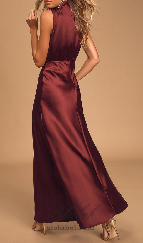 Wine Satin Maxi Dress