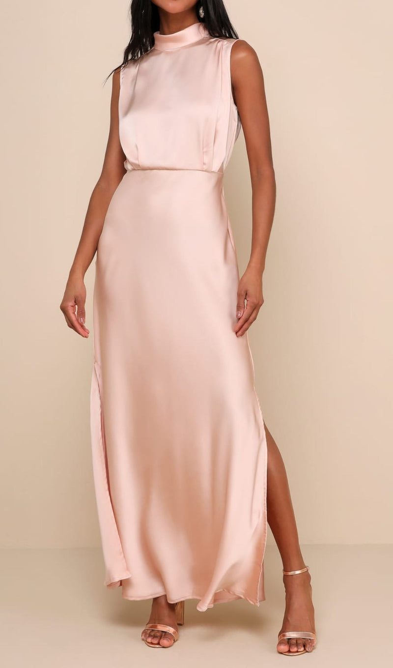 Blush Satin Sleeveless Mock Neck Maxi Dress