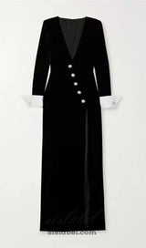 CROWN BLACK LONG SLEEVE V-NECK MAXI DRESS