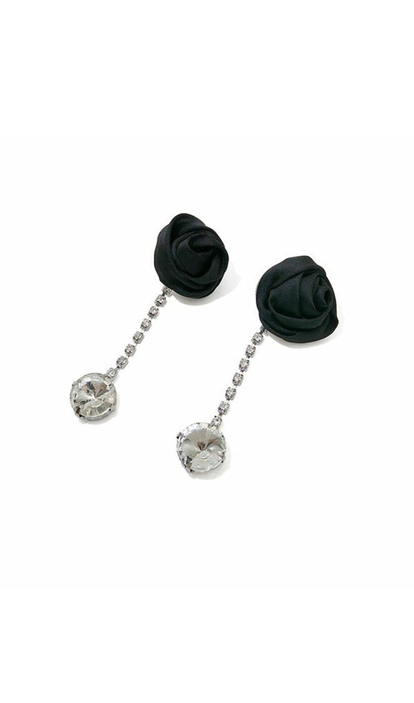 FABRIC ROSE RHINESTONE DROP EARRINGS