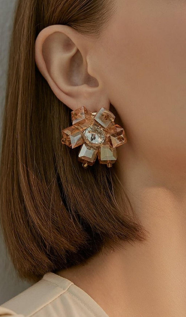 GOLD CRYSTAL 3D FLOWER EARRINGS