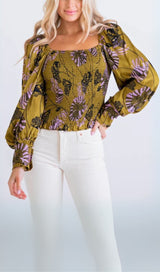 FLORAL BOHO SMOCK LONG SLEEVE TOP