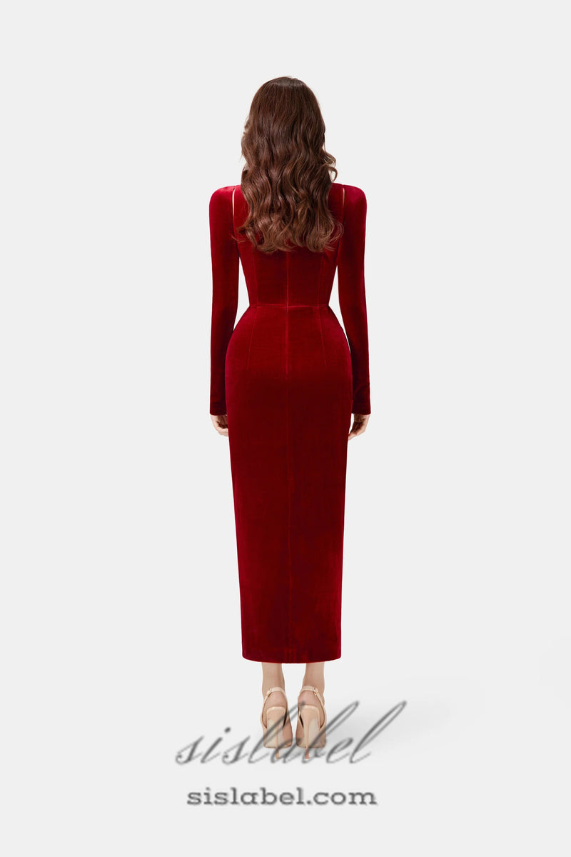 Bordeaux Velvet Draped midi Dress