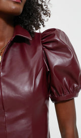 BURGUNDY FRONT ZIP FAUX LEATHER MINI DRESS