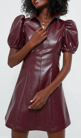 BURGUNDY FRONT ZIP FAUX LEATHER MINI DRESS