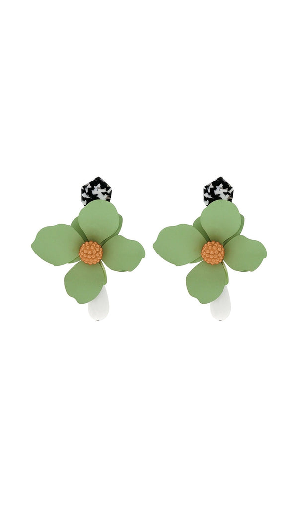 GREEN LARGE HOOP FLOWER PLASTIC EARRINGS