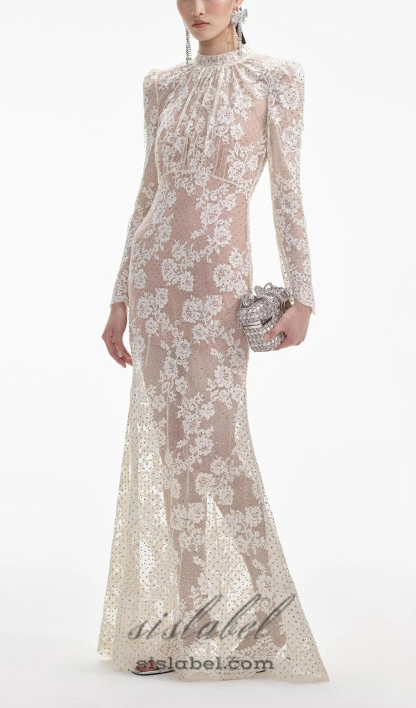 WHITE RHINESTONE LACE MAXI DRESS