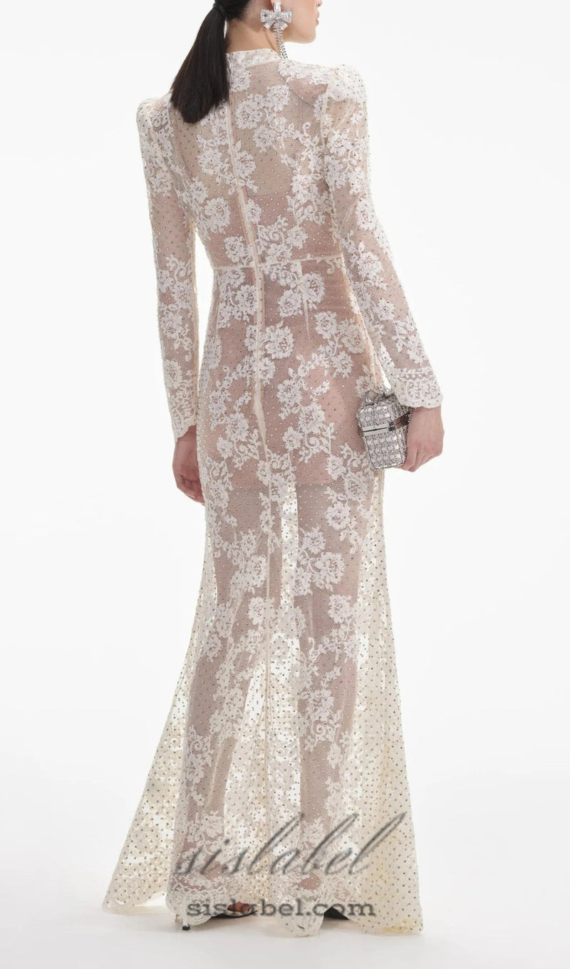 WHITE RHINESTONE LACE MAXI DRESS