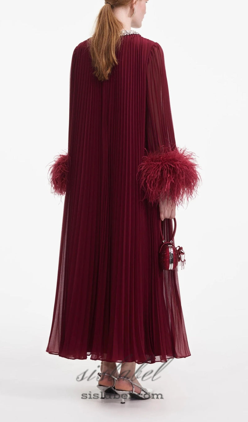 BURGUNDY CHIFFON FEATHER MIDI DRESS