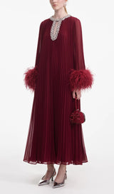 BURGUNDY CHIFFON FEATHER MIDI DRESS