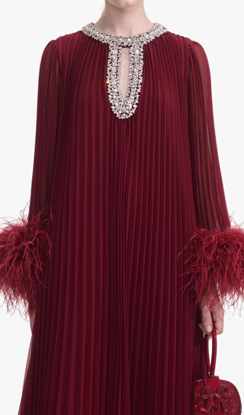 BURGUNDY CHIFFON FEATHER MIDI DRESS