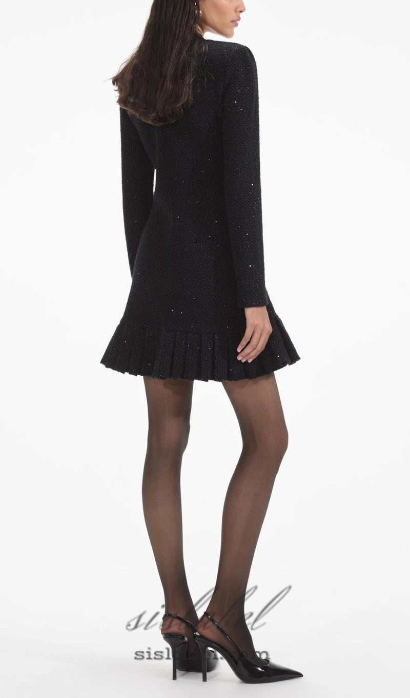 BLACK BUTTONED LONG SLEEVE KNIT MINI DRESS