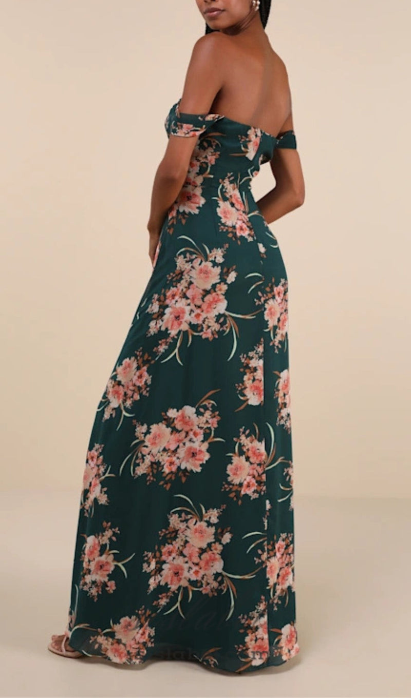 Emerald Green Floral Off-the-Shoulder Maxi Dress