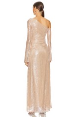 one-shoulder flower embellished sequin maxi dress in apricot