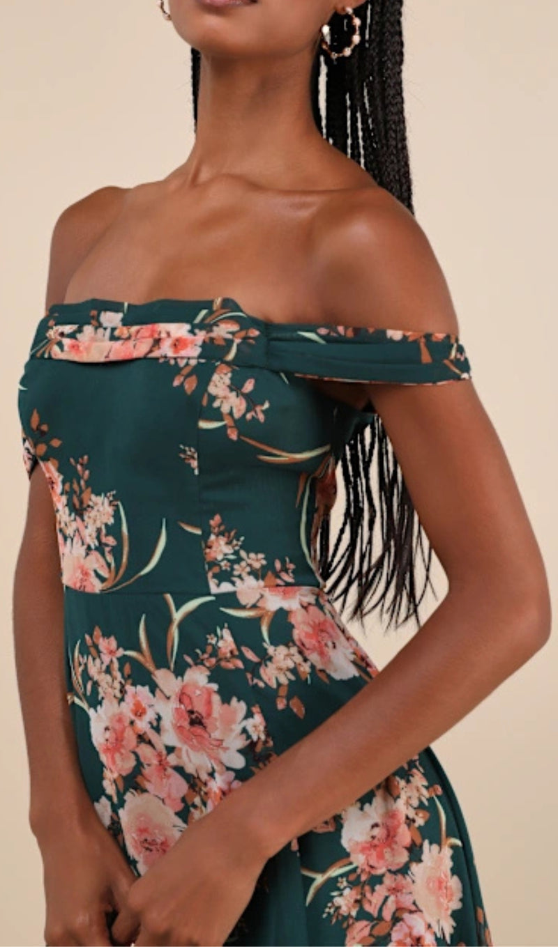 Emerald Green Floral Off-the-Shoulder Maxi Dress