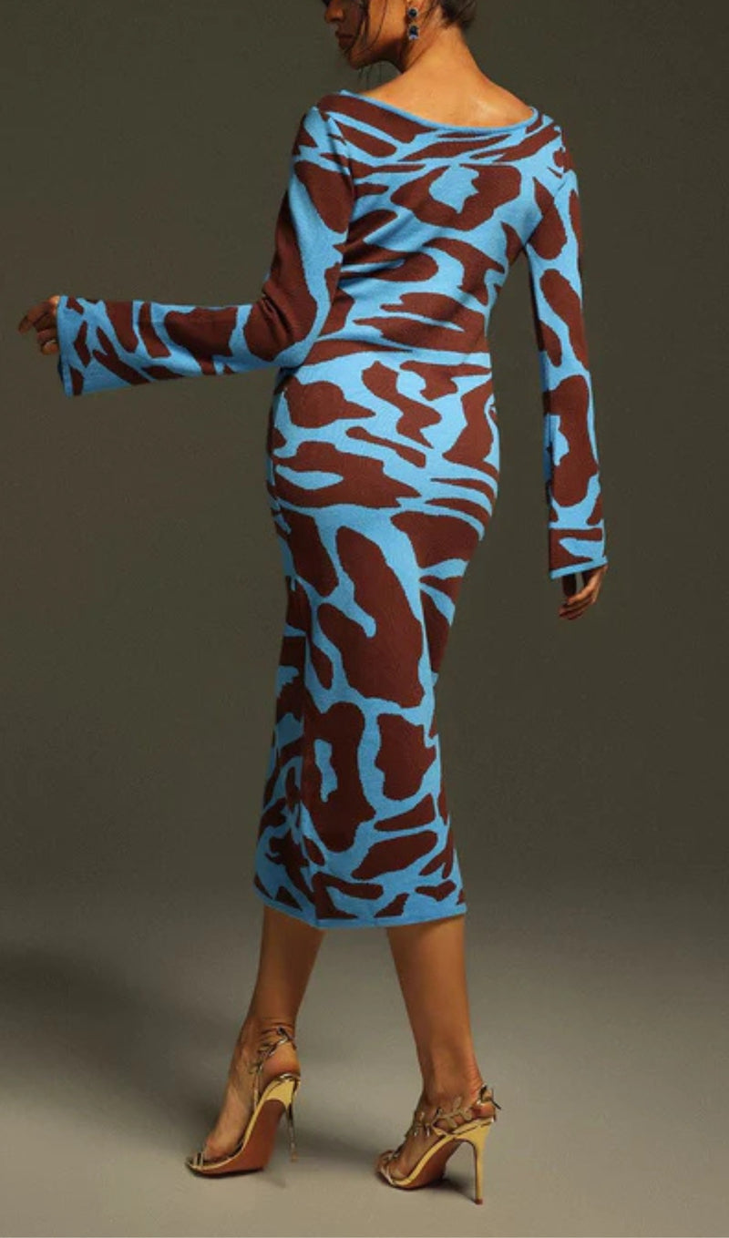 TAYSIA LONG SLEEVE LEOPARD KNITTED MIDI DRESS