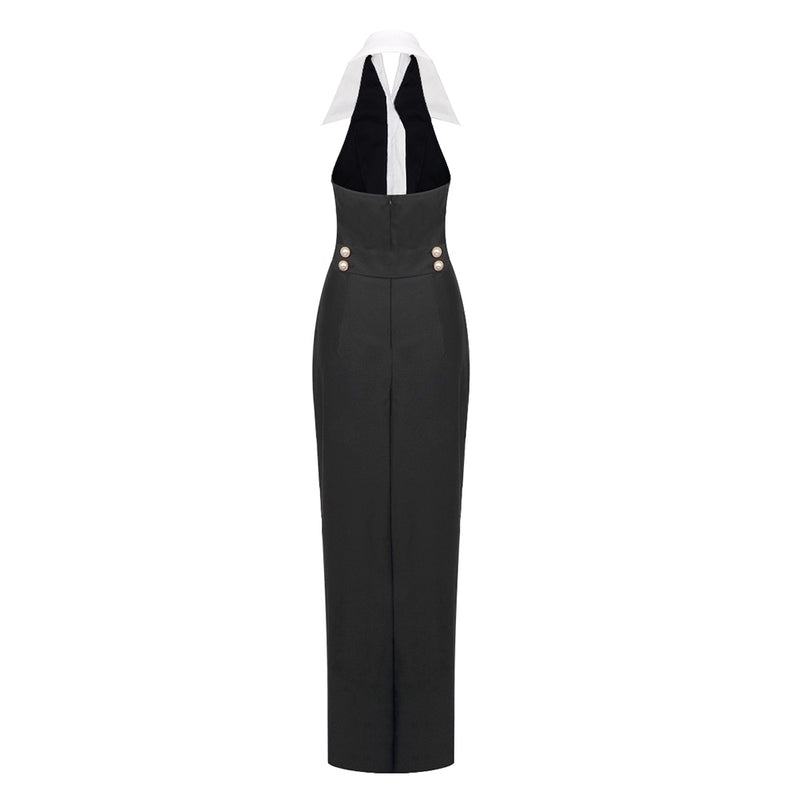 pearl-button halter black maxi dress