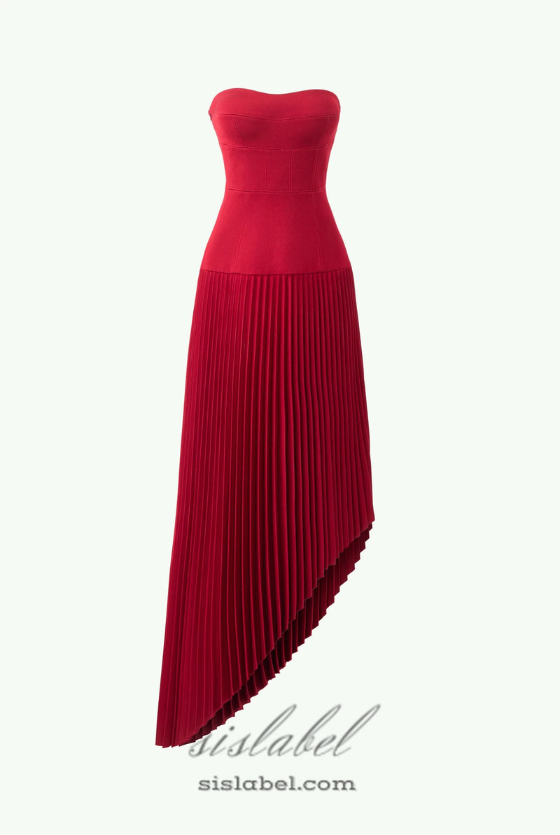 Spaghetti Strap Asymmetric Pleated midi Dress in red