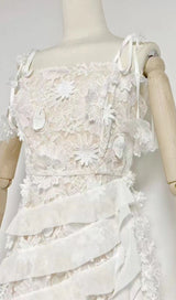 3D FLORAL-EMBELLISHED LACE STRAPPY MINI DRESS IN WHITE