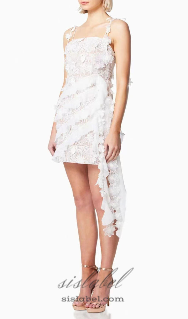 3D FLORAL-EMBELLISHED LACE STRAPPY MINI DRESS IN WHITE