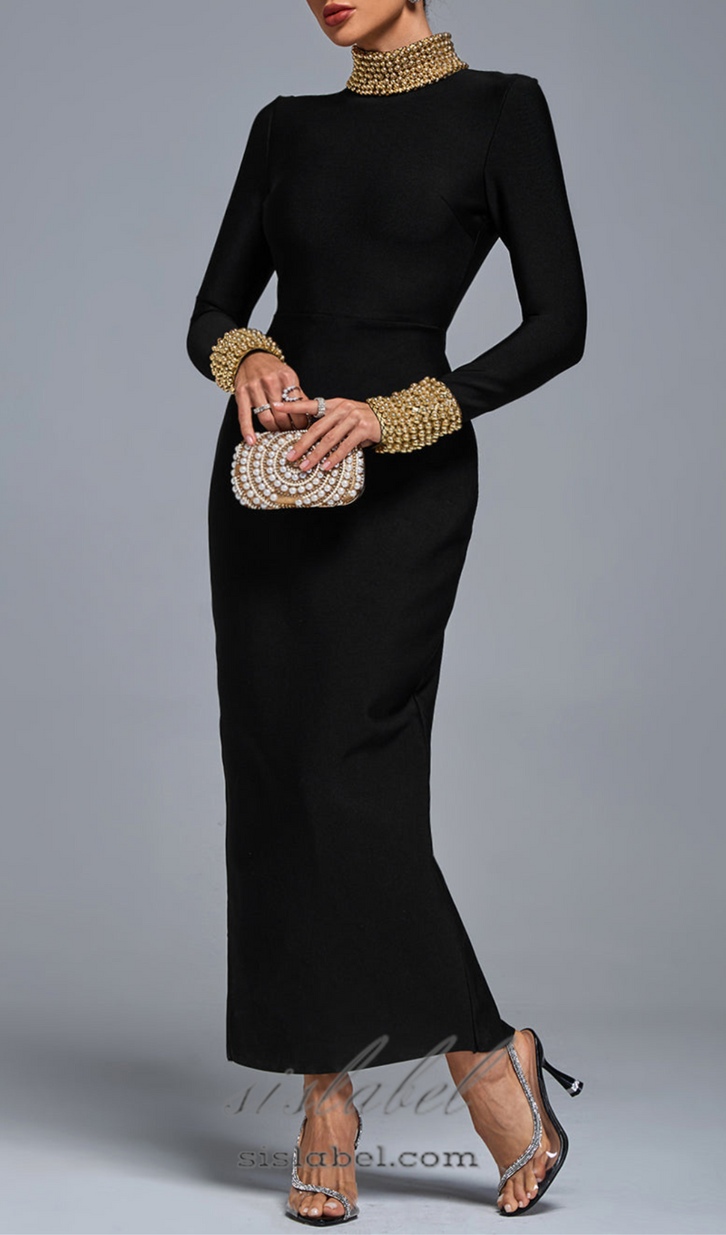 YVONNE LONG SLEEVE GOLD BEAD BANDAGE MIDI DRESS IN BLACK