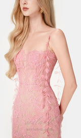 Pink Beaded Lace Pencel Dress