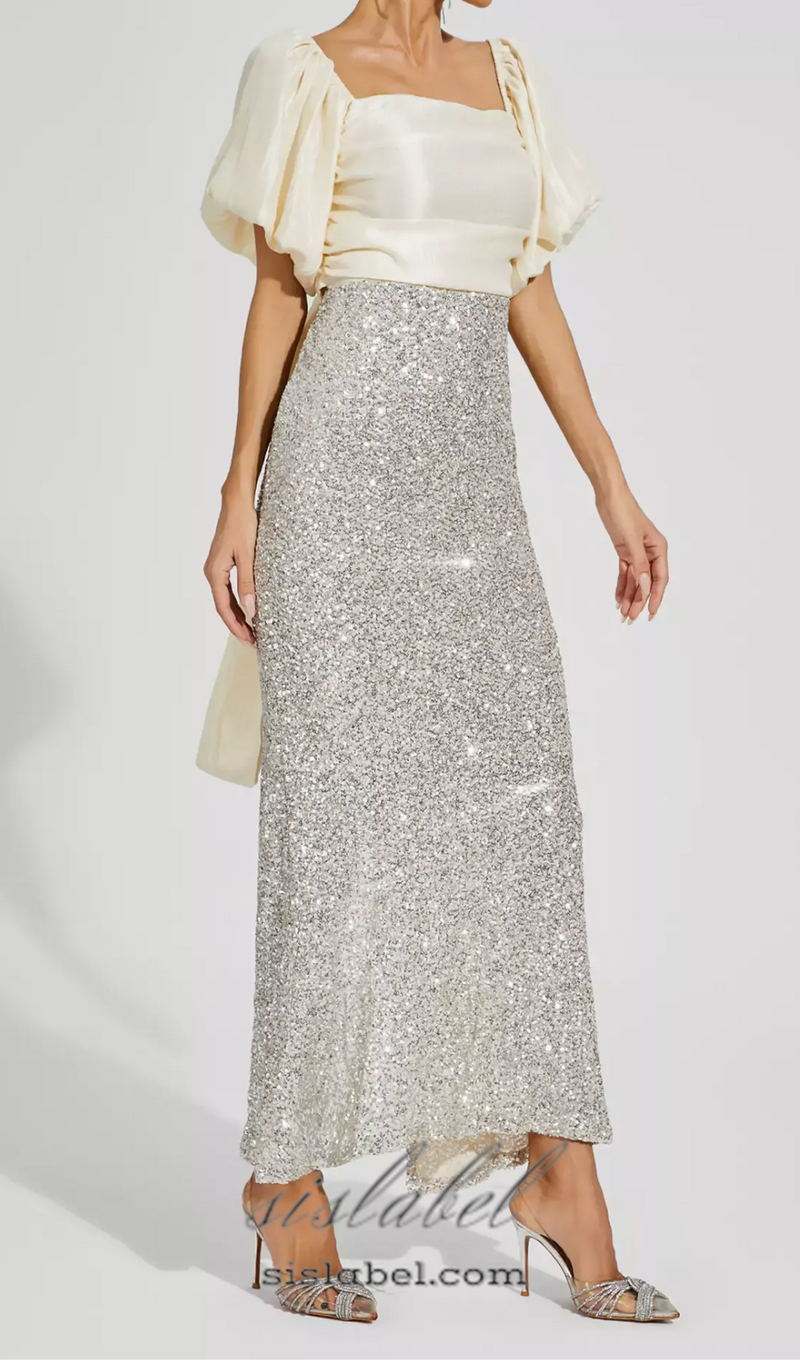 MARIA APRICOT BOW SEQUINS EMBELLISHED MAXI DRESS