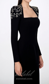 crystal-embellished black long sleeve maxi dress