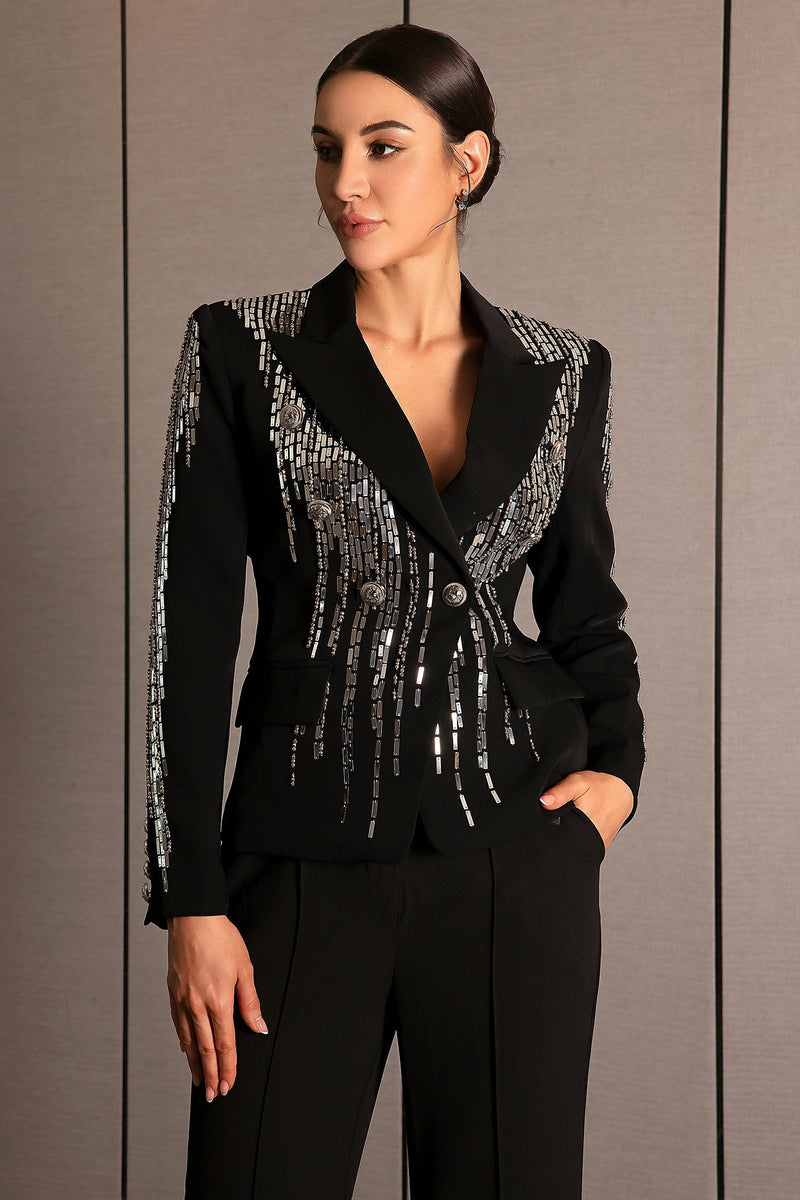 Faidra Rhinestone Double Breasted Lapel Blazer in black