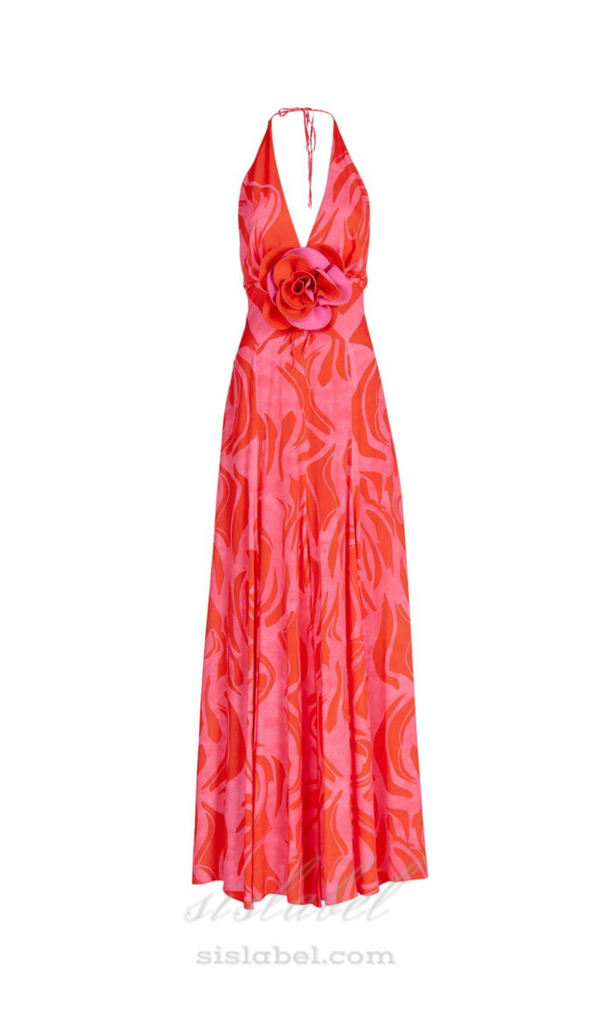 ALISON FLOWER DETAIL HALTERNECK MAXI DRESS IN BRIGHT RED